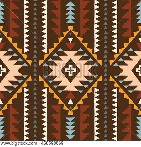 Hand Drawn Earthy Tones Tribal Vector Seamless Pattern. Navajo Graphic Print. Aztec Geometric Backgr