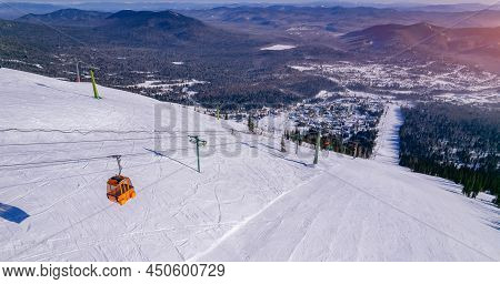 Sheregesh Ski Lift Resort Winter, Landscape Mountain And Hotels, Aerial Top View Russia Kemerovo Reg