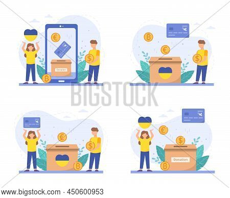 Donations For Ukraine Concept. Stop The War In Ukraine. Set Of 4 Pictures. Vector Illustration Isola