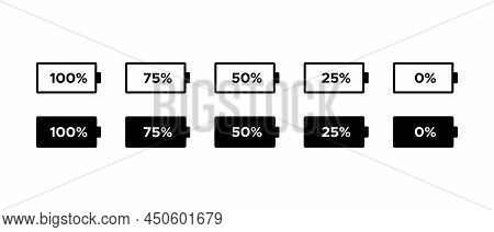 Battery Vector Icons Set. Black And Line Battery Percentage Charge Indicators Symbol