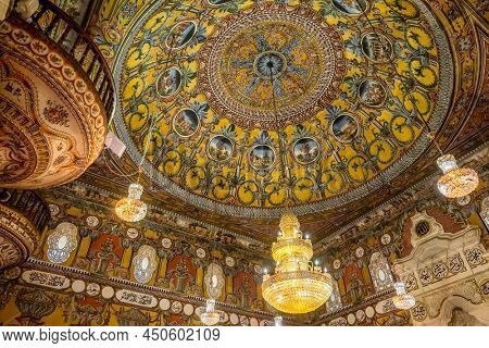 Tetovo, North Macedonia - July 20, 2021: Inside view of the Sarena Dzamija or Decorated Mosque in Tetovo, North Macedonia. Beautiful ceiling and interior of the colorful mosque in Tetovo
