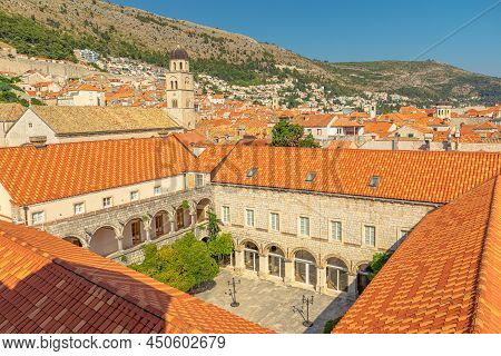 Panorama Of Dubrovnik Cityscape From The Top Of The Old Medieval Walls In Croatia. Dubrovnik Histori