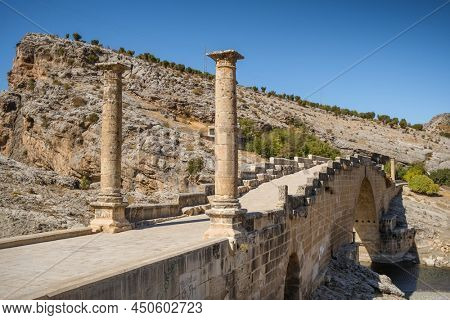 Aerial view of the Severan Bridge also known as Chabinas or Cendere or Septimius Severus is a historic Roman bridge in Adiyaman province, Southeastern Turkey.