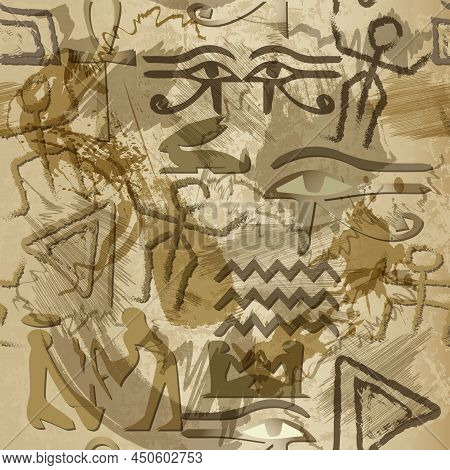 Egyptian Old Style Dirty Seamless Pattern. African Ethnic Rough Background With Doodle Painted Peopl
