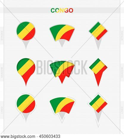 Congo Flag, Set Of Location Pin Icons Of Congo Flag. Vector Illustration Of National Symbols.
