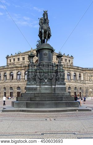 Dresden, Germany - September 23, 2020 : Equestrian Statue Of King Jan Wettin In Front Of Semperoper,