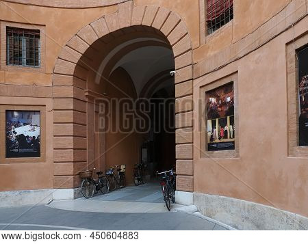 Ferrara, Italy - March 6, 2022. Rotonda Foschini, The Archway Leading To The Entrance To The Theater