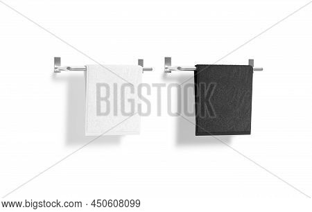 Blank Black And White Small Towel On Heated Rail Mockup, 3d Rendering. Empty Dry Cotton Micorfiber O