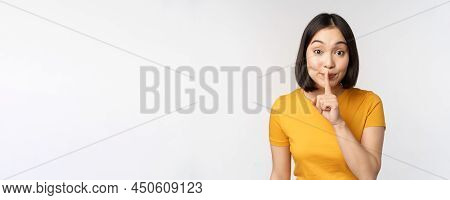 Keep Quiet. Cute Asian Woman Make Shhh Gest, Showing Shush, Hush Sign, Press Finger To Lips, Silence