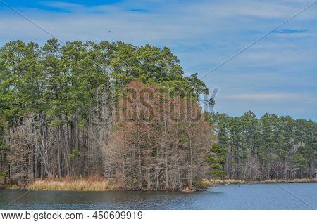 Beautiful Ratcliff Lake With A Kayaker In The Distance At Ratcliff Lake Recreation Area, Ratcliff, T