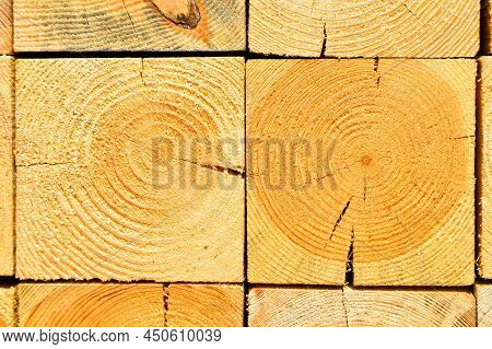 Pine Lumber Stacked In A Row At The Sawmill, Lumber Stack For Storage Construction Or Industrial Wor