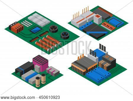 Collection Of Isometric Circuit Boards With Electronic Components. Computer Chips Technology Process