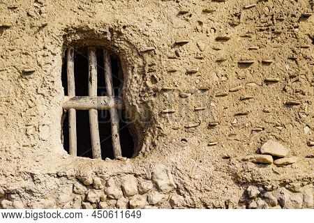 Old Clay House Detail, Bars In Window. El Chorrillo Film Location, Sierra Alhamilla In Andalucia Spa