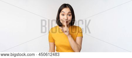 Keep Quiet. Cute Asian Woman Make Shhh Gest, Showing Shush, Hush Sign, Press Finger To Lips, Silence