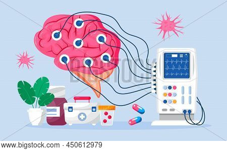 Neurologist Concept Vector For Medicine Blog, Medical Blog. Brain With Ekg, Encephalogram Machine