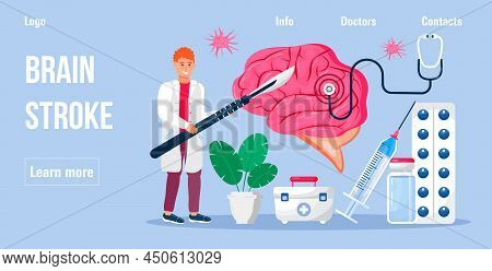 Neurologist Concept Vector For Medicine Blog, Medical Blog. Brain With Ekg, Encephalogram Machine. N