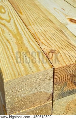 Pine Lumber Stacked In A Row At The Sawmill, Lumber Stack For Storage Construction Or Industrial Wor
