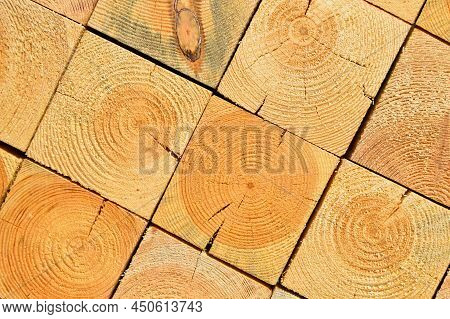Pine Lumber Stacked In A Row At The Sawmill, Lumber Stack For Storage Construction Or Industrial Wor