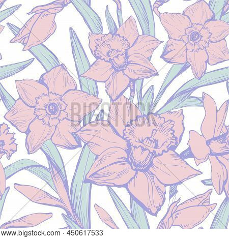 Spring Sensual Floral Seamless Pattern With Hand Drawn Flowers Daffodils. Pastel Floral Vector Swatc