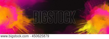 Background With Paints Explosion, Banner Template For Holi Festival With Pink, Yellow And Orange Pow