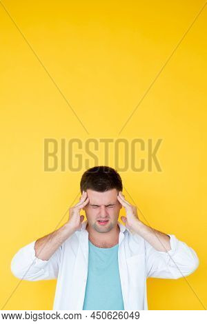 Overload Information. Considering Man. Think Over Problem. Frustrated Suffering Guy Holding Head Wit