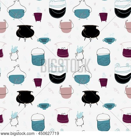 Seamless Colorful Handdrawn Vector Pattern Of Cauldrons For Witchcraft And Making Potoins On White B