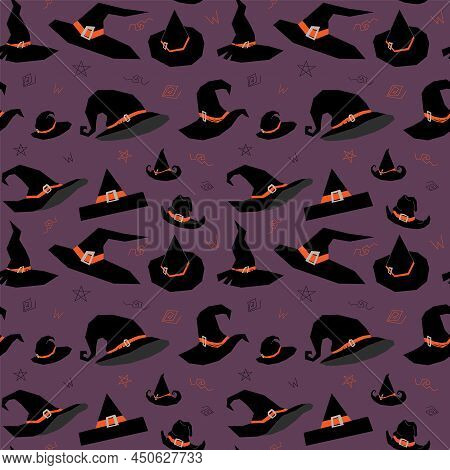 Pattern With Black Witch's Hats With Ribbons And Buckles In Flat Style On Purple Background.