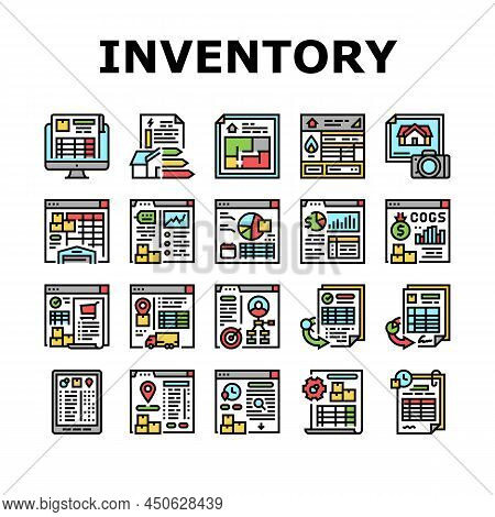 Inventory Analytics And Report Icons Set Vector. Inventory Movement Pending And History Reporting, G