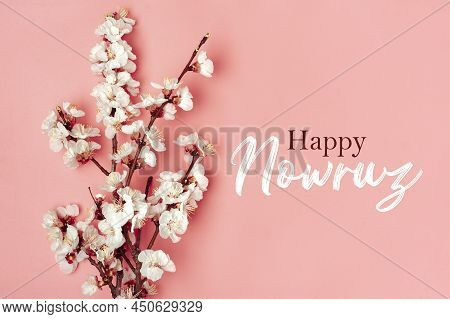 Sprigs Of The Apricot Tree With Flowers On Pink Background Text Happy Nowruz Holiday Concept Of Spri