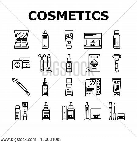 Cosmetics For Visage Skin Treat Icons Set Vector. Eyeshadow Palette And Face Oil, Solid Shampoo And 