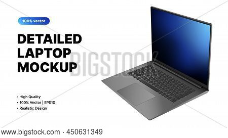 Detailed Laptop Mockup Side View. Editable Banner Template For App, Ui, Design Advertisement. Vector