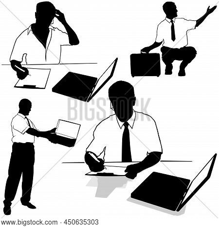 Set Of Silhouettes With Clerk Or Businessman In Different Situations - Black Illustrations Isolated 