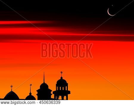 Ramadan, Eid Ai-fitr,new Year Muharram Islamic Religion Symbols With Mosques Dome, Crescent Moon Sil