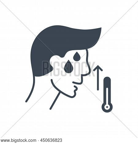 High Body Temperature Related Vector Glyph Icon. Man Head And High Temperature Thermometer. High Tem