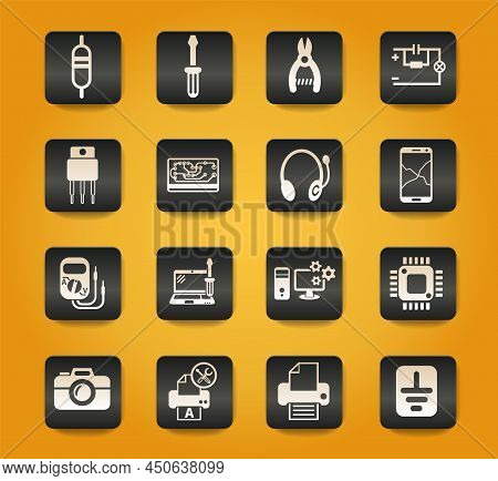 Electronics Repair Symbols On Black Buttons On Yellow Background