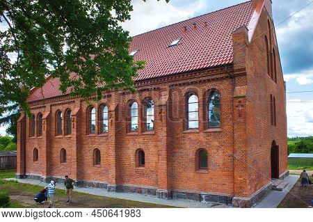 Krasnolesye, Russia - June 12, 2016: Old Red Bricks Church In Krasnolesye Village (former Gross Romi