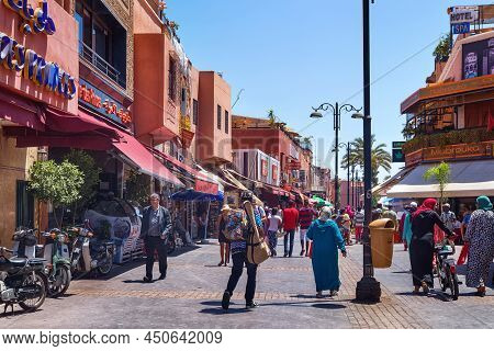 Marrakesh, Morocco - June 05, 2017: View Of The Red Walls Historical Buildings In The Medina Of Marr