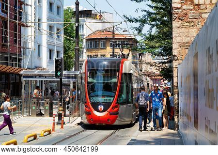 Istanbul, Turkey - July 05, 2018: View Of The Alstom Citadis 204 Tram In Center Of The Istanbul. The