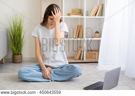 Facepalm Gesture. Confused Woman. Home Education. Embarassed Casual Woman Covering Forehead With Han