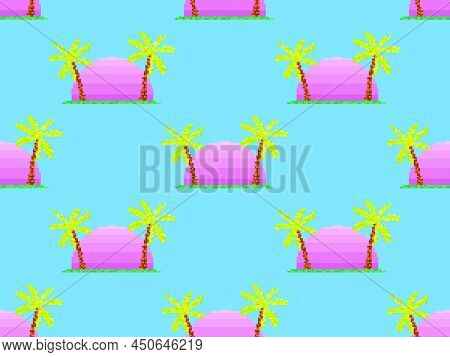 Seamless Pattern With Pixel Palm Trees At Sunrise In 80s Style. 8-bit Sun Synthwave And Retrowave. R