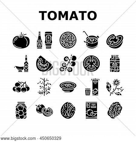 Tomato Natural Vitamin Vegetable Icons Set Vector. Tomato Soup And Salad Meal, Cooking Delicious Dis