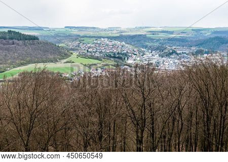 Panoramic Landscape View Over The Valley Of The River Prum, The Woods, The Village Of Irrel And The 
