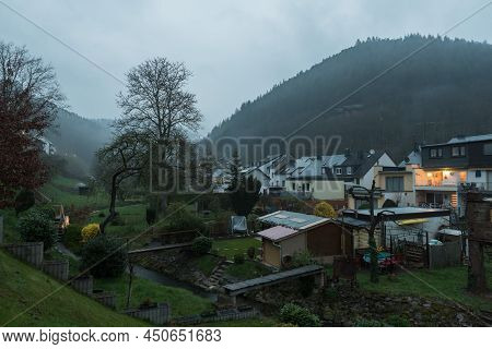 Kordel, Rhineland-palatinate - Germany - Foggy View Over The Backyards, Gardens And Traditional  Hou
