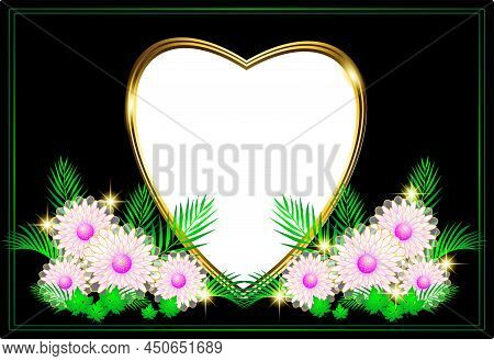 Golden Frame Heart And Flower With Transparent Background