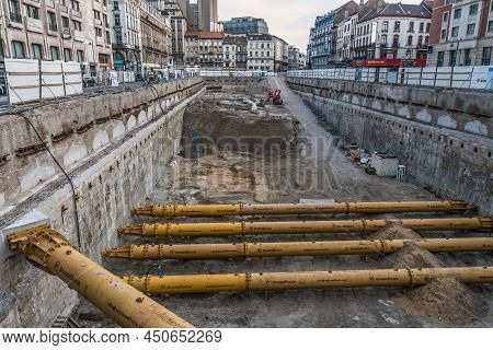 Brussels Old Town - Belgium - 05 22 2019 - The Construction Site Of The Ancien Demolished Parking 58