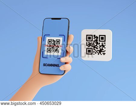 Qr Code Scan Concept - Human Hand Holding Mobile Phone With Barcode Scanning Process 3d Render Illus