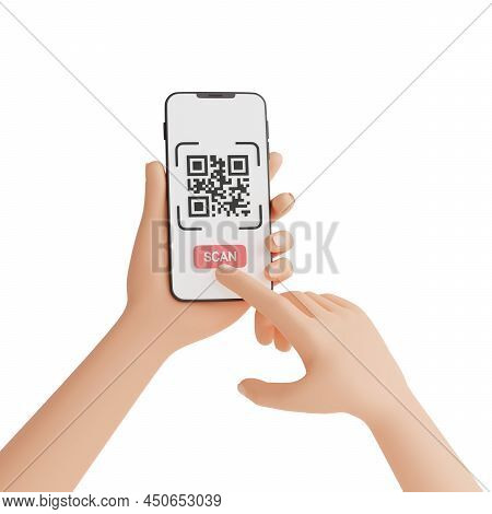 Qr Code Scan Concept - Human Hand Holding Mobile Phone With Barcode Scanning Process 3d Render Illus