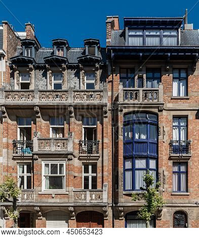 Schaerbeek, Brussels, Belgium - 06 29 2019 - Typical Facades Of Upper Class Art Nouveau Residential 