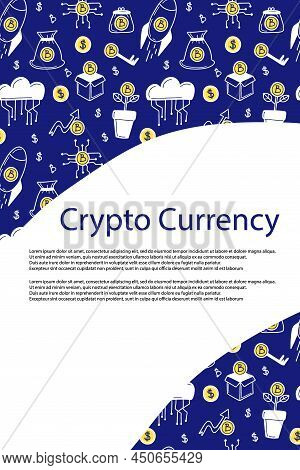Cryptocurrency Poster. Bitcoin Banner. Line Financial Objects, Outline Crypto Coins, Blockchain Tech