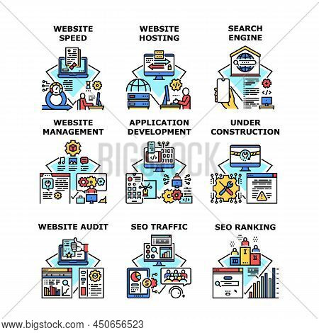 Website Hosting Set Icons Vector Illustrations. Website Hosting Speed And Management, Audit And Host